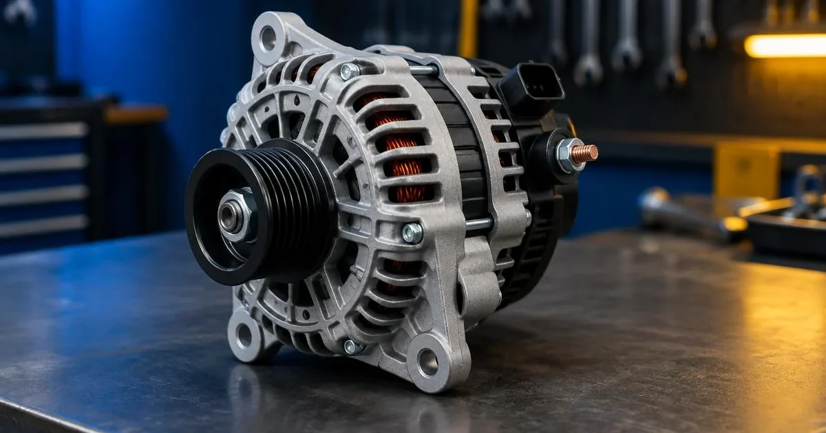 Alternador automotivo com polia, carcaça e conexões visíveis